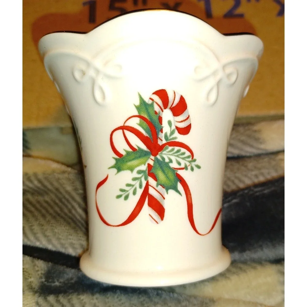 Lenox Holiday Candy Cane Votive Candle Holder Set 3 Ivory‎ Gold Trim Fine China